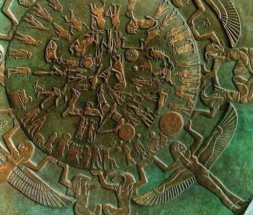 Dendera Zodiac bas-relief showing constellations and zodiac signs from the Temple of Hathor in Egypt.