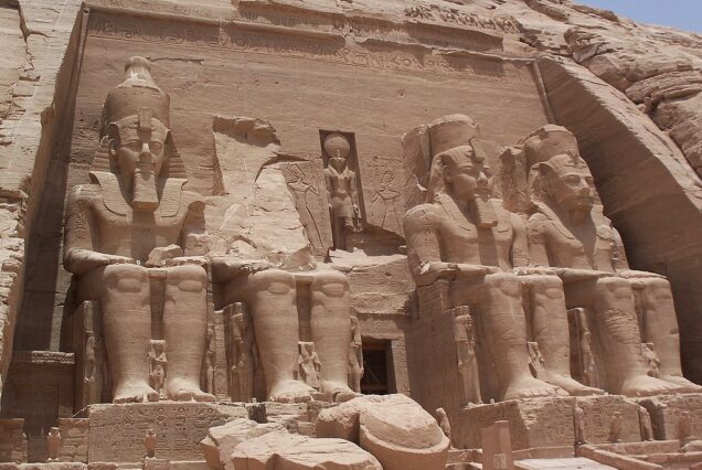 The Great Temple of Abu Simbel with four colossal statues of Ramses II carved into its rock-cut façade.