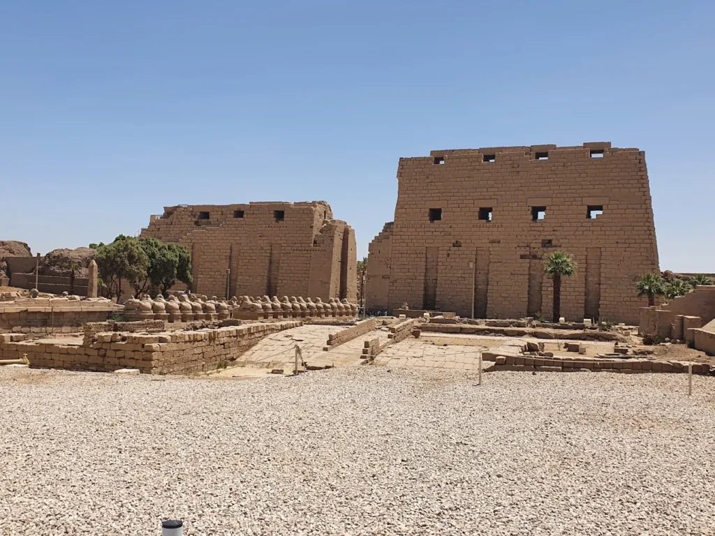 View of the Precinct of Amun-Re within the Karnak Temple Complex in Luxor, Egypt, showing columns and ancient structures.
