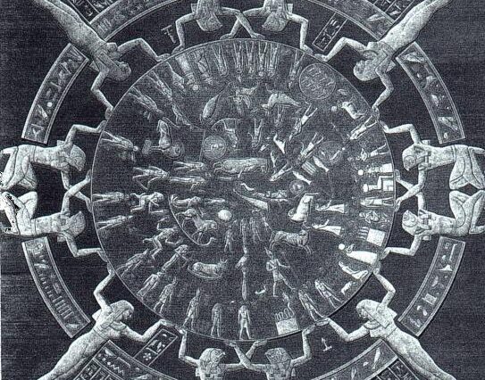 Circular bas-relief of the Dendera Zodiac from the Temple of Hathor, now displayed in the Louvre Museum, Paris.