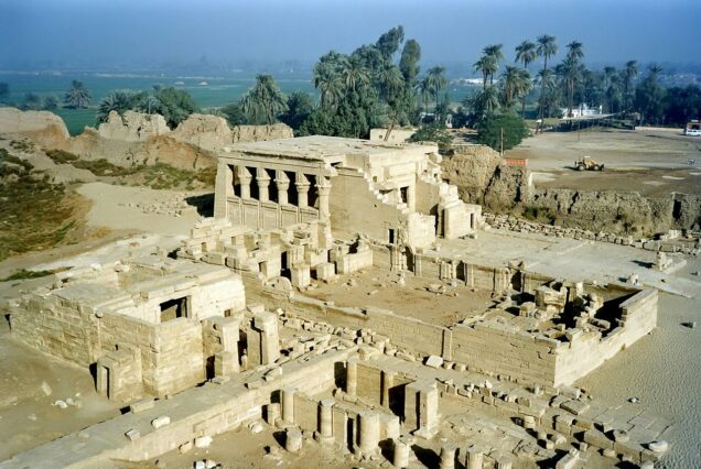 The Temple of Hathor at the Dendera Temple Complex, featuring Hathor-headed columns and detailed carvings.