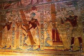 : Relief of Pharaoh Seti I raising the Djed pillar with the goddess Isis, Temple of Seti I at Abydos.