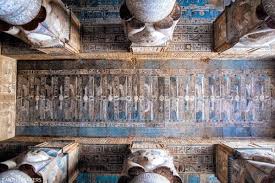 Astronomical ceiling of the Temple of Hathor at Dendera with intricate engravings.
