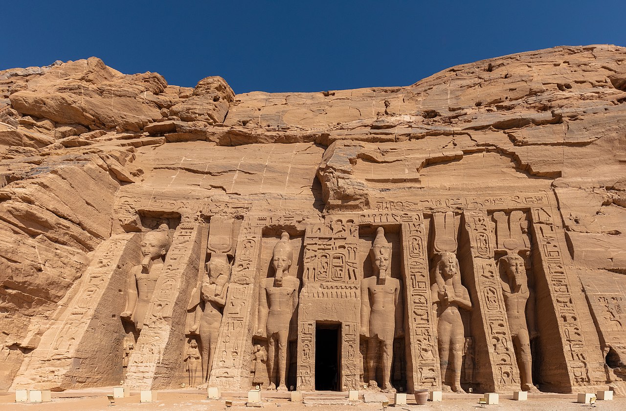 The Small Temple at Abu Simbel, dedicated to Queen Nefertari and the goddess Hathor, with colossal statues of Ramesses II and Nefertari.