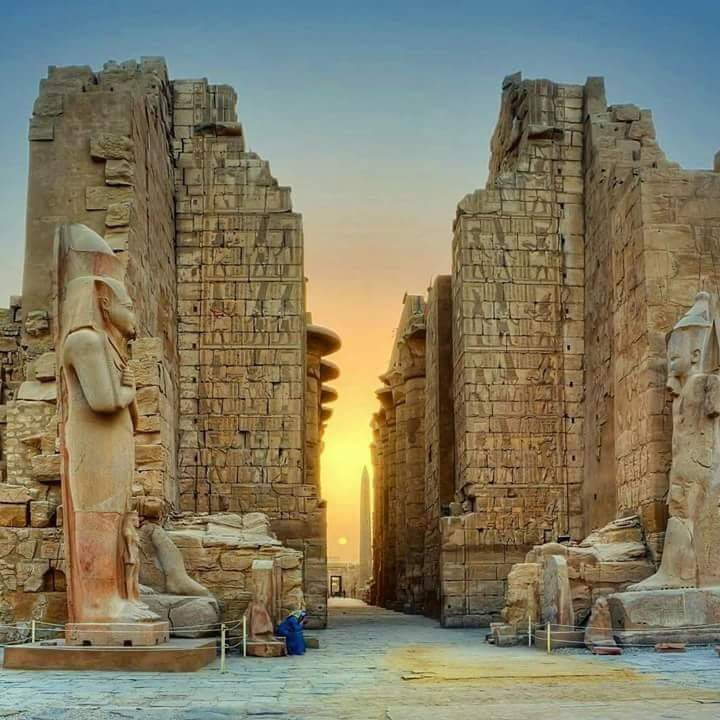 Winter solstice sunrise aligning with the main axis of Karnak Temples, Luxor, Egypt