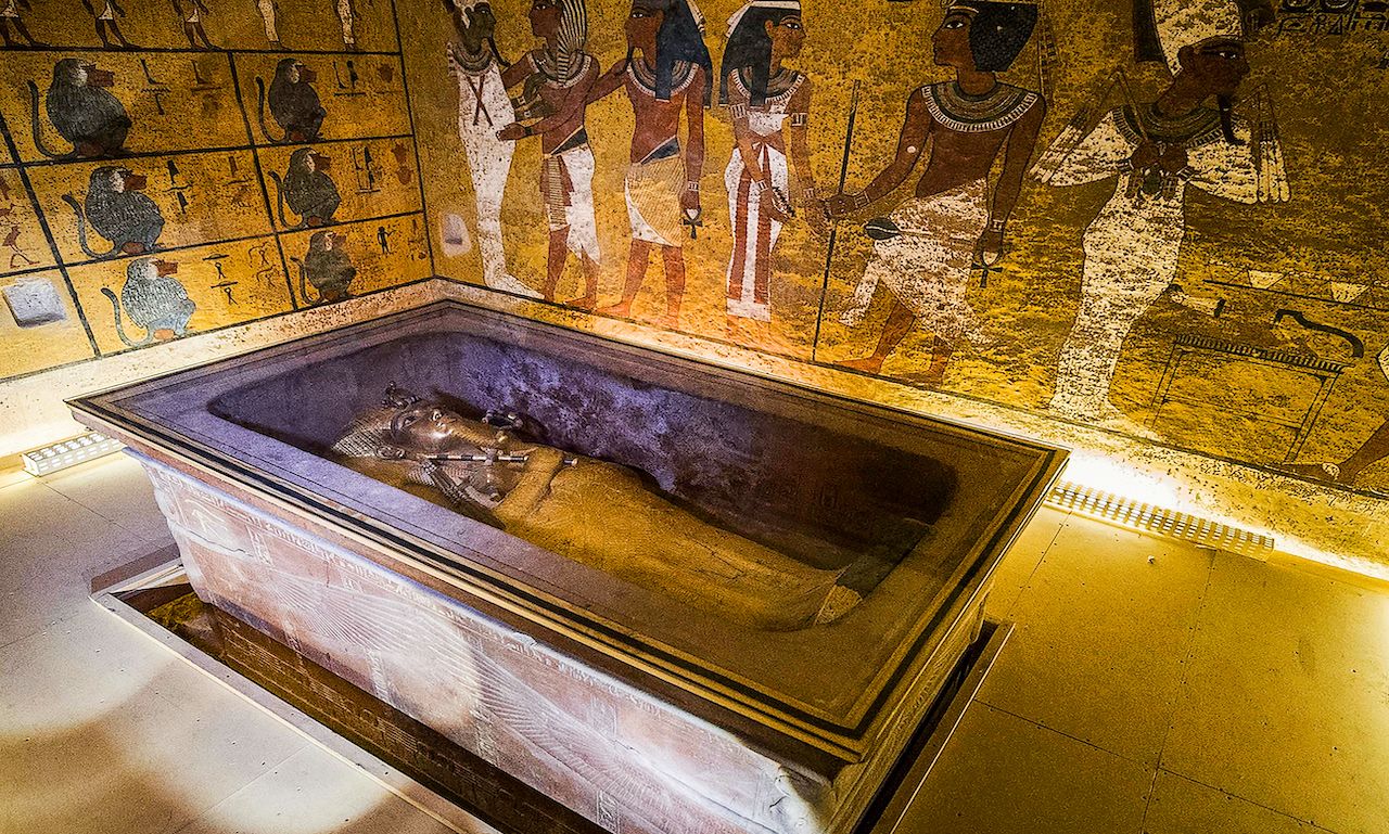 The sarcophagus of Tutankhamun inside his richly decorated burial chamber in the Valley of the Kings, Luxor.