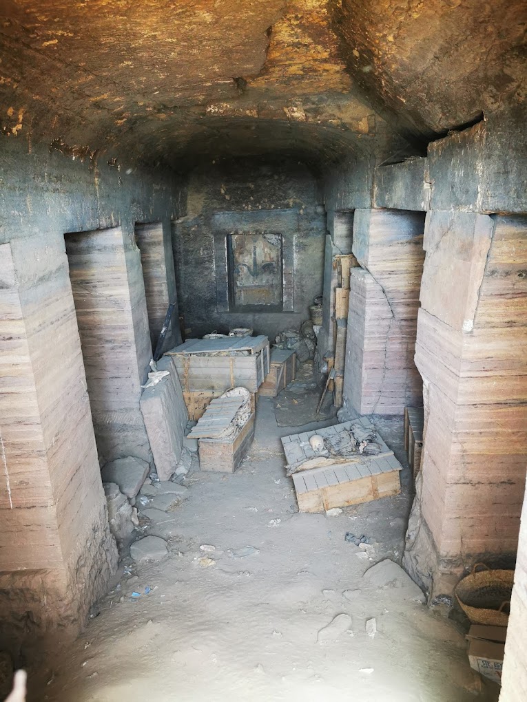 Interior view of a tomb in the Tombs of the Nobles necropolis at Qubbet el-Hawa, Aswan, Egypt