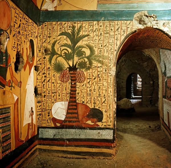 Pashedu kneeling under a dom palm tree in TT3 Tomb, Deir el-Medina, Luxor