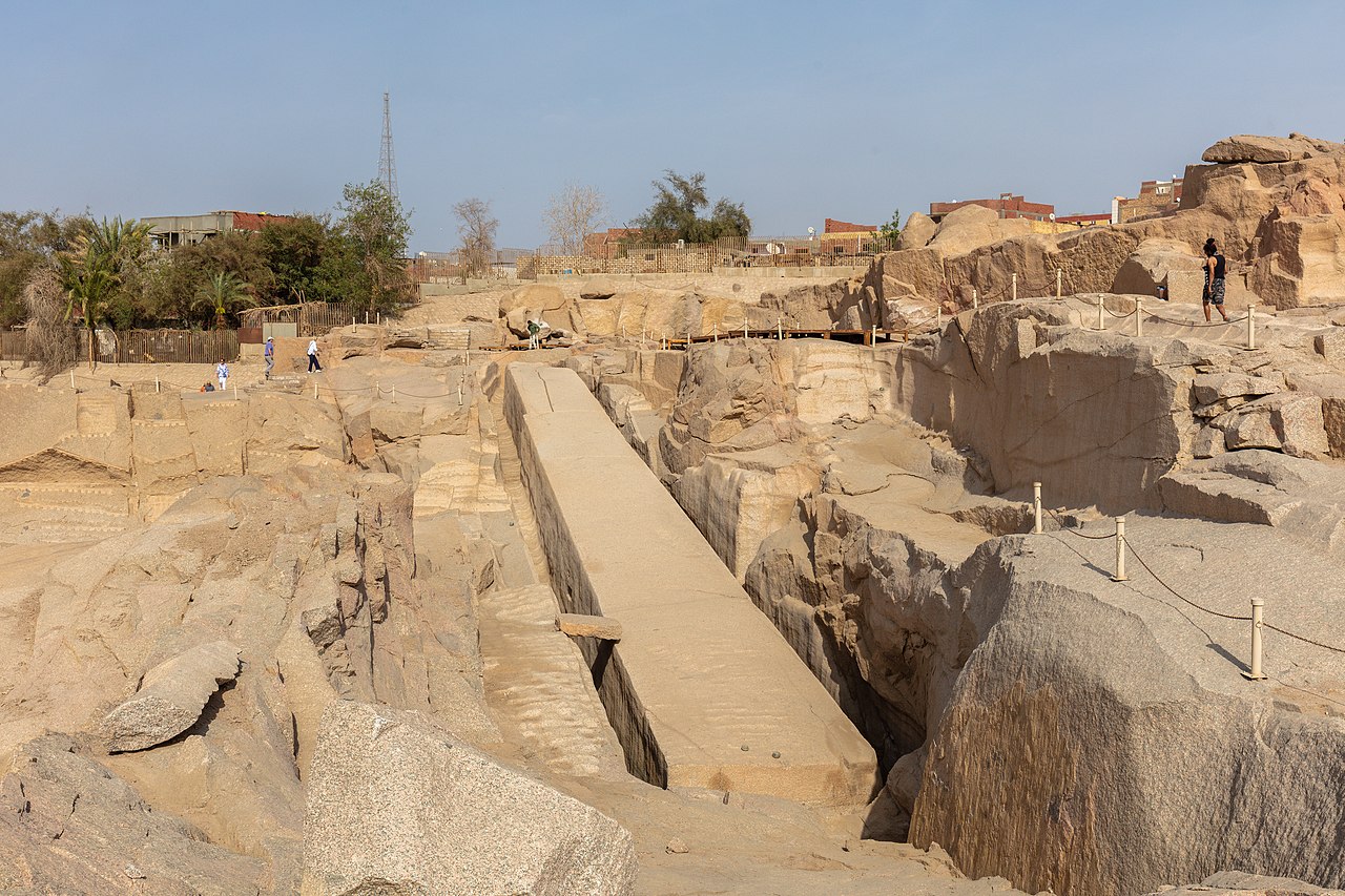 The unfinished obelisk The Unfinished Obelisk lying in the granite quarry at Aswan, Egypt, showing visible cracks and ancient carving marks.