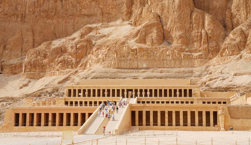 The Mortuary Temple of Hatshepsut, known as Djeser-Djeseru, with its elegant three-tiered design at Deir el-Bahari, Luxor.