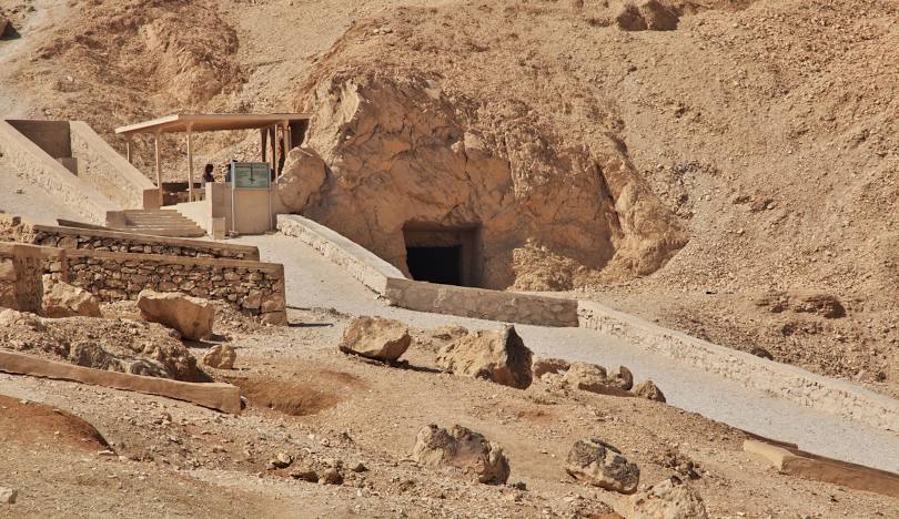 Entrance to the Valley of the Queens in Luxor, Egypt, an ancient burial site for queens, princes, and royal children of the New Kingdom.
