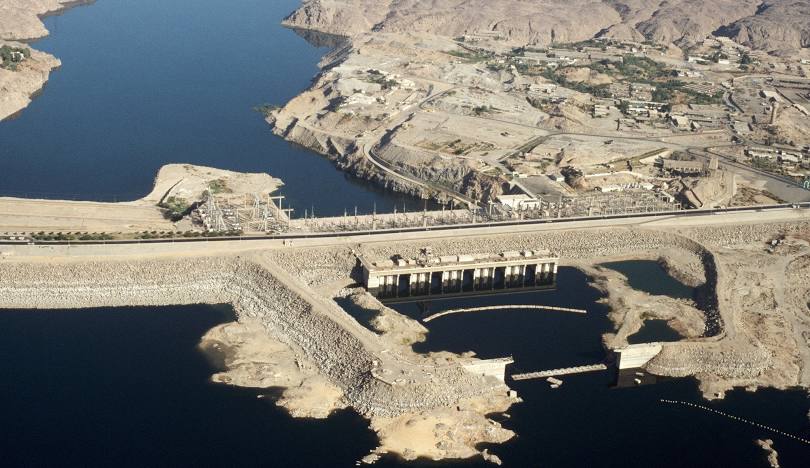 The Aswan High Dam in Egypt, a monumental 20th-century engineering feat across the Nile River