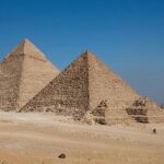 Daytime photo to the Pyramids of Khufu,Khafre,and Menkaure on the Giza Plateau near Cairo,Egypt
