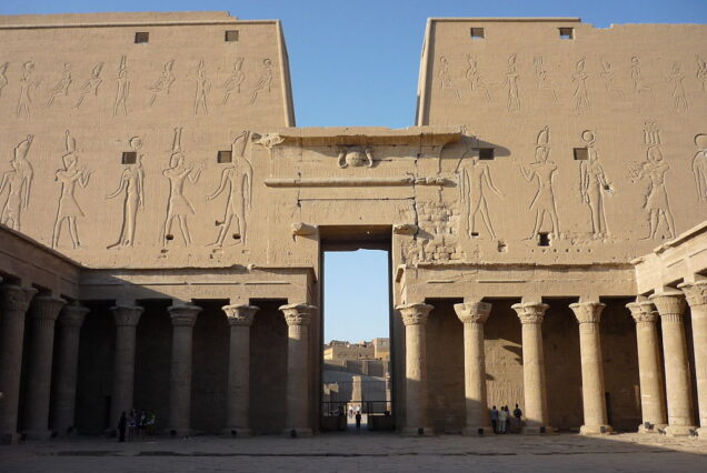 "Temple of Edfu in Egypt, dedicated to Horus, showing Ptolemaic architecture and well-preserved reliefs."