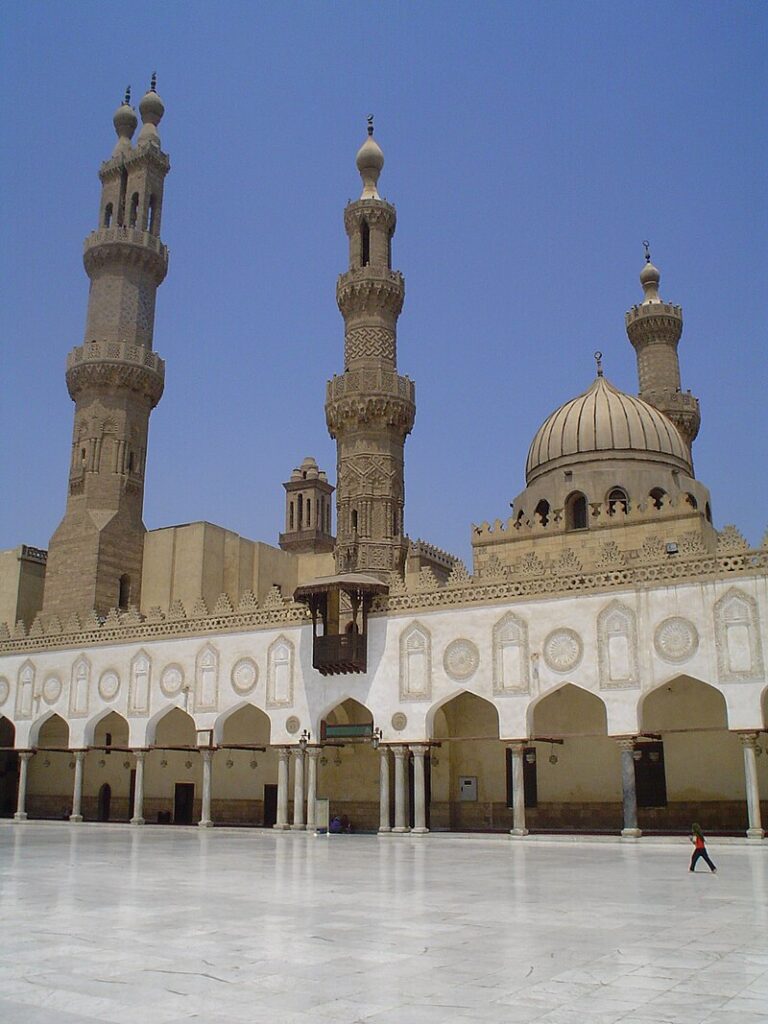 Interior view of Al Azhar Mosque showcasing its ornate Islamic architecture and intricate decorations.