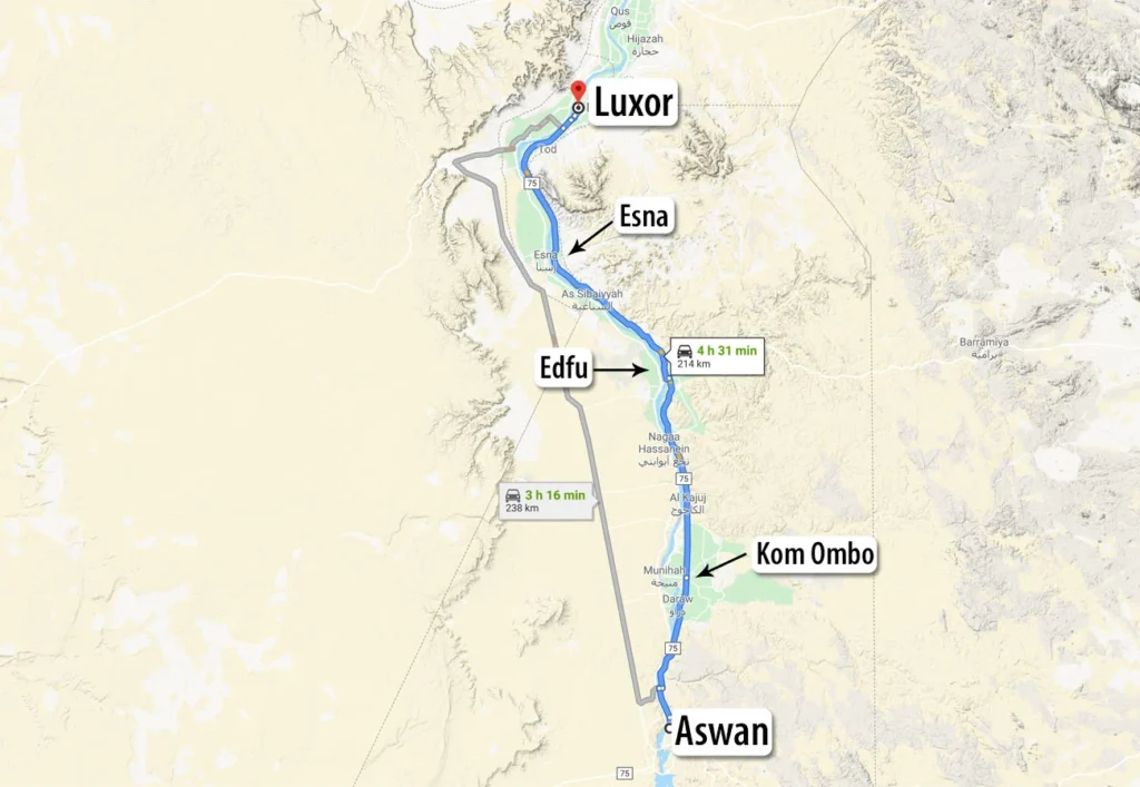 Driving route between Aswan and Luxor with stops at Kom Ombo, Edfu, and Esna temples.