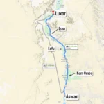"Map showing the route along the Nile River from Aswan to Luxor, with stops at Kom Ombo, Edfu, and Esna."