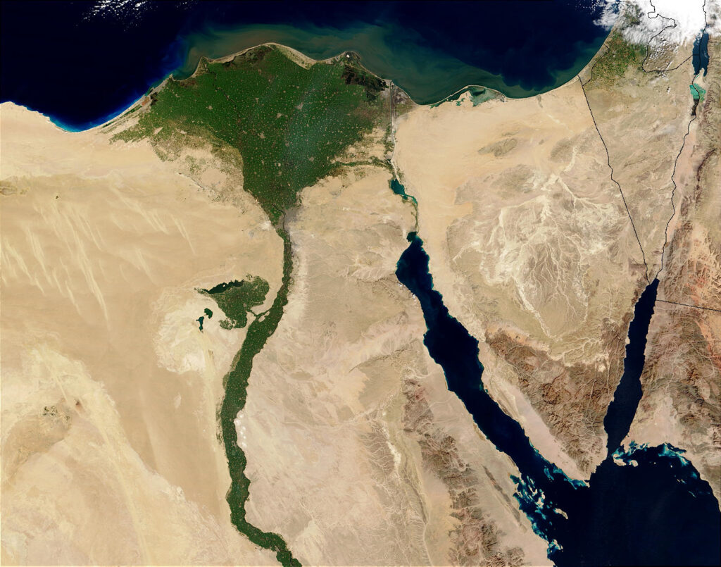 Satellite view of the Nile Delta and Nile River in Egypt.