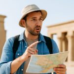 "Traveler planning a tour in Egypt with maps, guidebooks, and a laptop, exploring destinations like Cairo, Luxor, and Aswan."