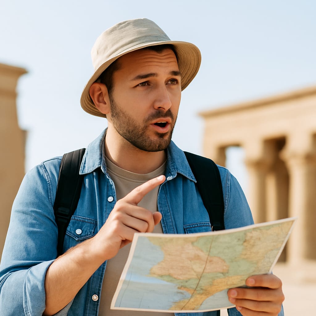 "Traveler planning a tour in Egypt with maps, guidebooks, and a laptop, exploring destinations like Cairo, Luxor, and Aswan."