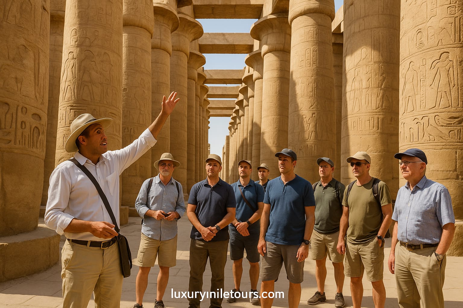"Tourists with a guide exploring the Karnak Temple Complex in Luxor, Egypt, featuring ancient columns and the Great Temple of Amun."