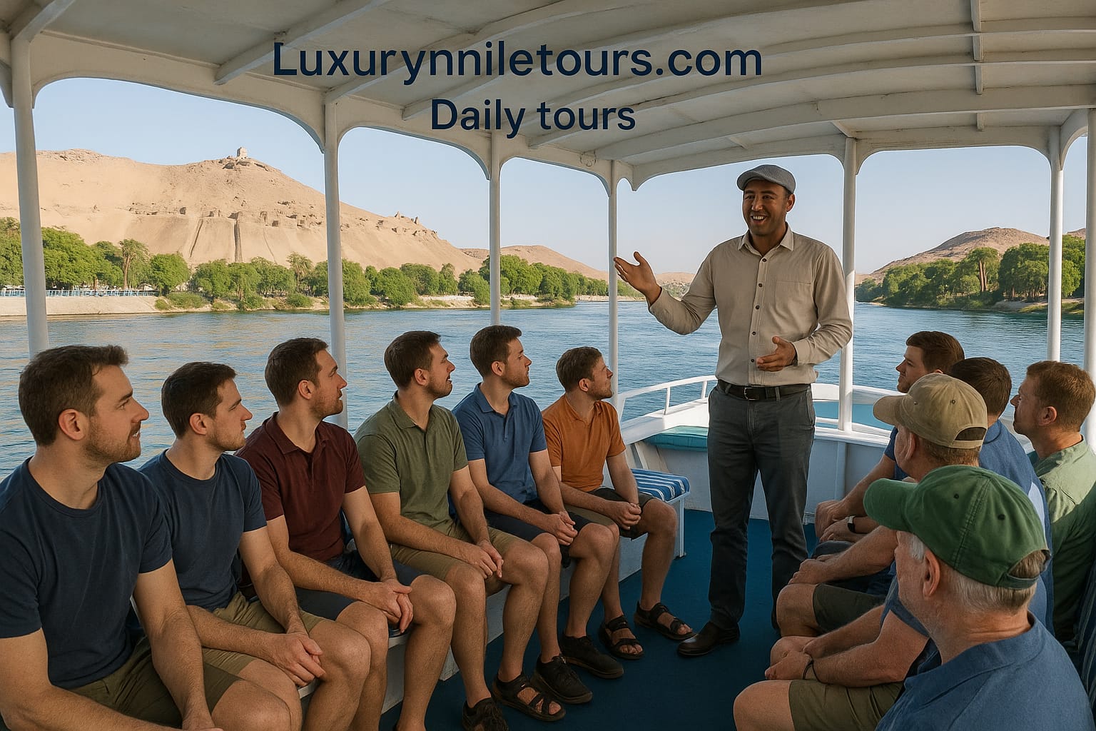 "Tourists on a daily Nile River boat trip in Egypt with a guide speaking against a backdrop of desert scenery.