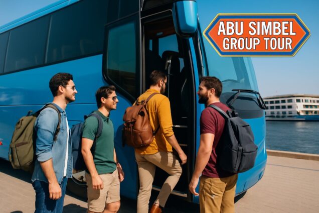 Promotional banner for an Abu Simbel Group Tour from Aswan, featuring the colossal statues of Pharaoh Ramesses II.