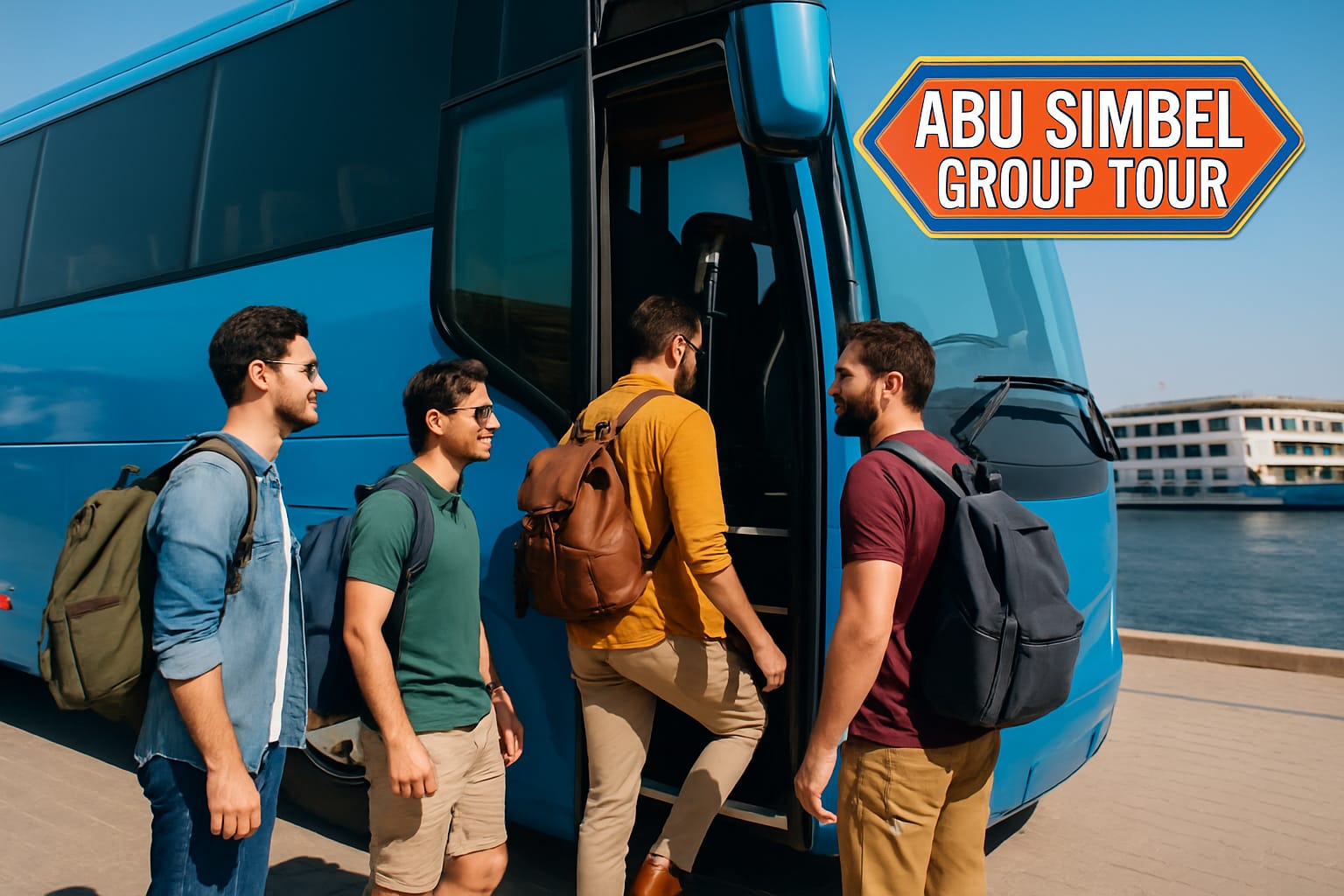 Promotional banner for an Abu Simbel Group Tour from Aswan, featuring the colossal statues of Pharaoh Ramesses II.