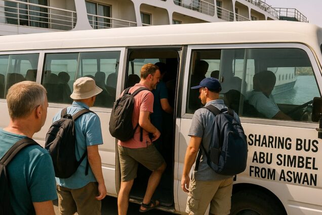 Travelers with backpacks board a white shuttle bus labeled “SHARING BUS ABU SIMBEL FROM ASWAN” for a shared group tour in Egypt.