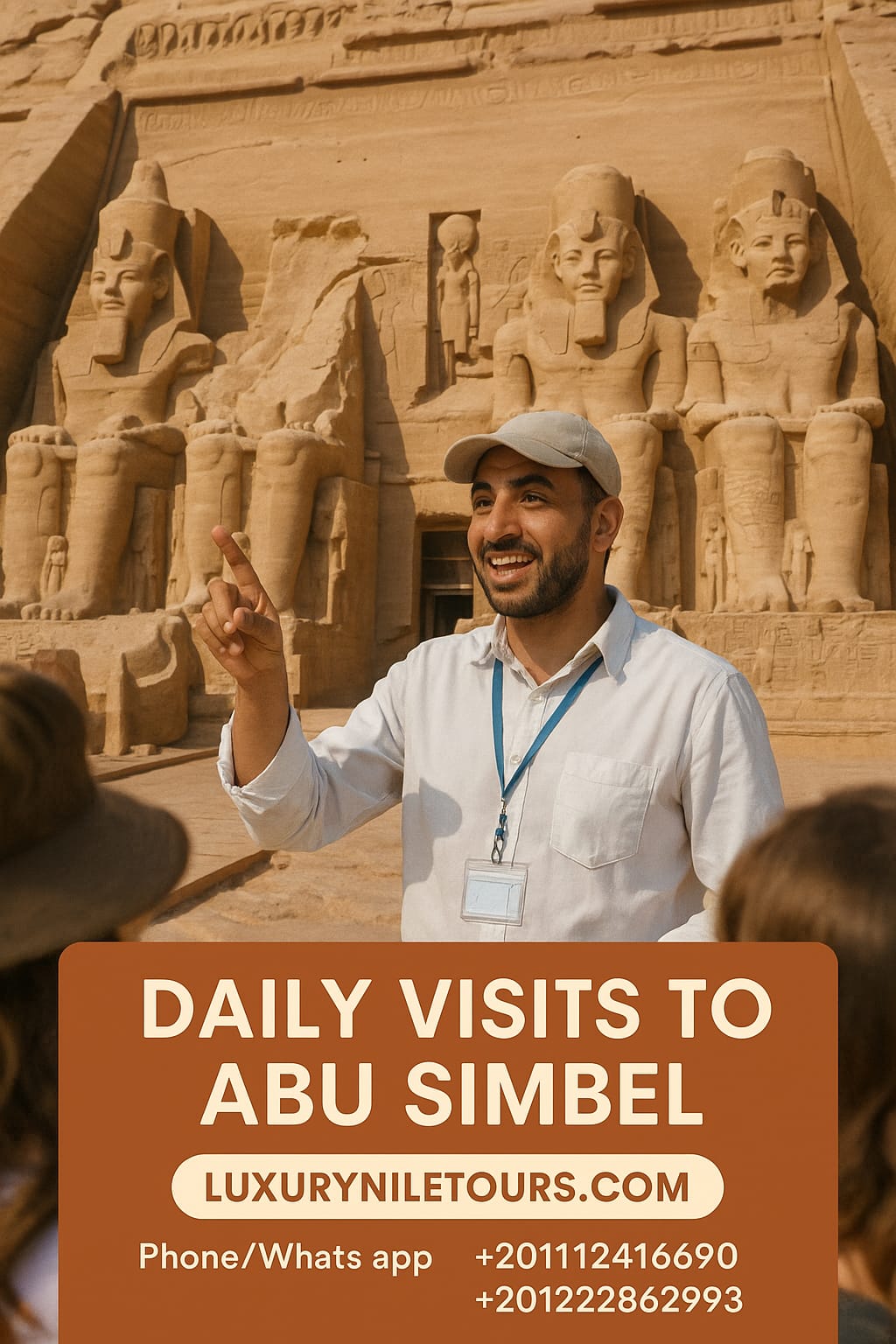 "Colossal statues of Pharaoh Ramses II at the Great Temple of Abu Simbel, southern Egypt, carved into a sandstone cliff with intricate ancient carvings."