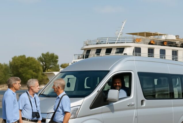 Advertisement for Luxury Nile Tours’ Private Air-Conditioned Transfers in Aswan, showing a group beside a silver van.