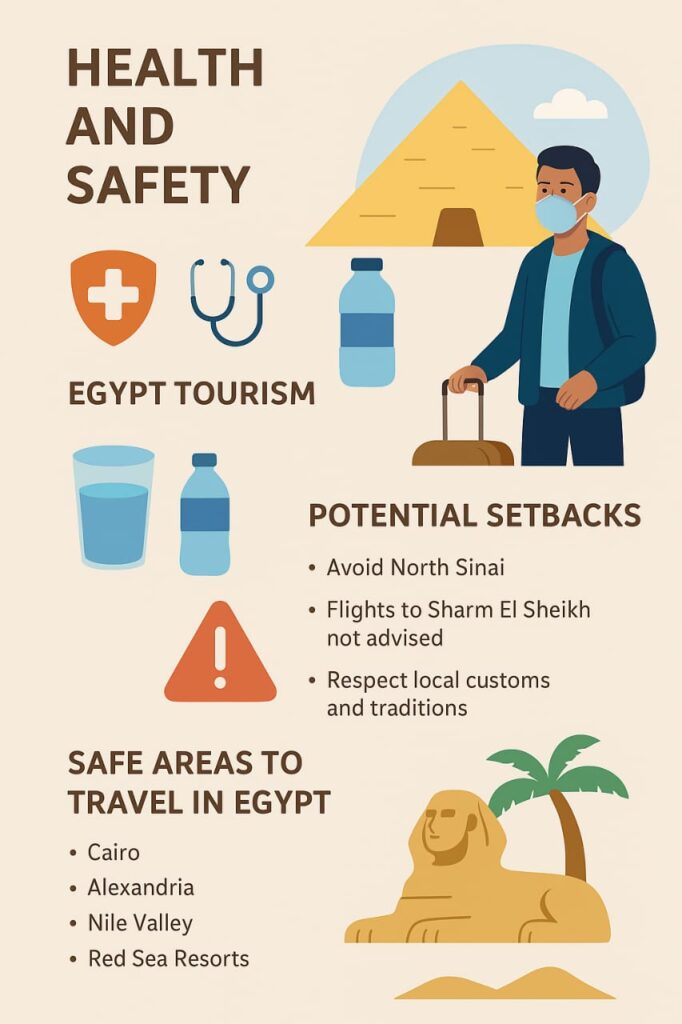 Infographic outlining health and safety tips for tourists traveling to Egypt.