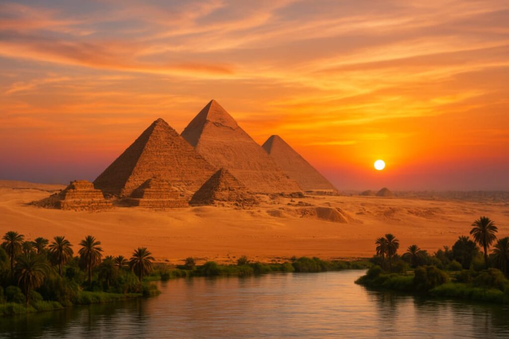 Sunset view over the Giza Plateau showing the three Great Pyramids and the Nile River.