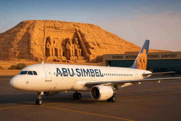EgyptAir Airbus A320 at Aswan International Airport with “ABU SIMBEL” on its engine.