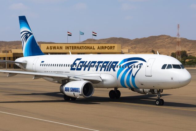 EgyptAir Airbus A320 at Aswan International Airport with “ABU SIMBEL” on its engine.