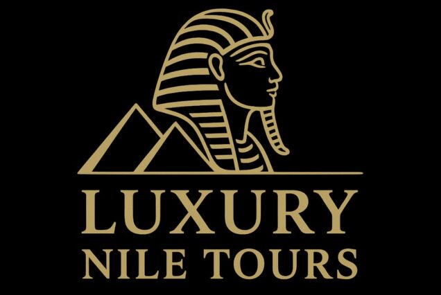 Logo of "Luxury Nile Tours" featuring a golden pharaoh’s head with nemes headdress and pyramids on a black background.