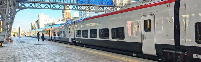 Spanish-made Talgo train at an Egyptian station platform, part of Egypt’s modern railway fleet operating on routes such as Cairo–Alexandria and Cairo–Aswan.