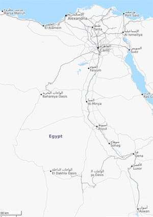Map of Egypt showing the Nile River, delta, major cities such as Cairo, Alexandria, Luxor, and Aswan, oases like Bahariya and Dakhla, and key transport routes.