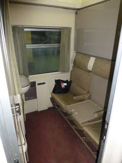 Cabin on an Egyptian sleeper train with two convertible beds, used for overnight journeys between cities like Cairo, Luxor, and Aswan.