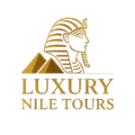 Logo of Luxury Nile Tours featuring a golden pharaoh’s headpiece and pyramids on a black background.
