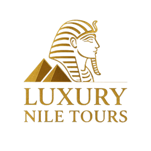 Logo of Luxury Nile Tours featuring a golden pharaoh’s headpiece and pyramids on a black background.