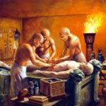 Depiction of the ancient Egyptian mummification process, with embalmers preparing a body and canopic jars for organ storage.