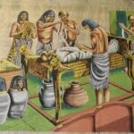 Depiction of the ancient Egyptian mummification process, with embalmers preparing a body and canopic jars for organ storage.