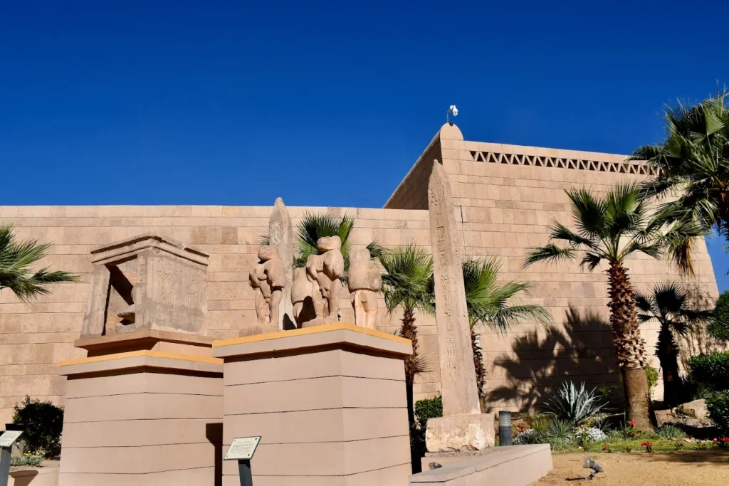 Exterior view of the Nubian Museum in Aswan, Egypt, with traditional Nubian architectural design.