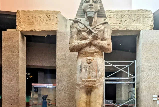 Statue of Ramesses II as a child, protected by the falcon god Horun, displayed in the Nubian Museum in Aswan, Egypt.