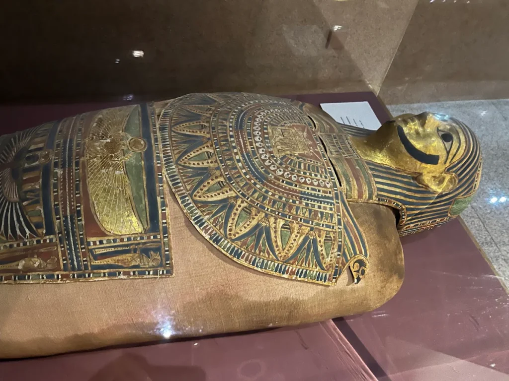 Ancient Egyptian sarcophagus containing a mummy, decorated with hieroglyphs and symbolic artwork.