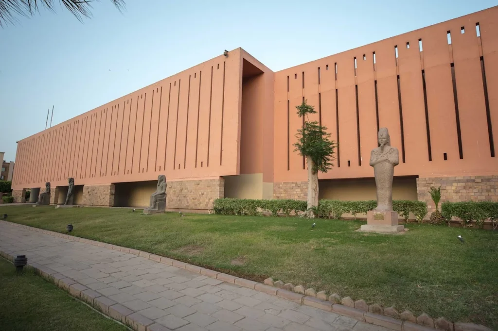 Exterior view of the Luxor Museum in Egypt, a modern building on the east bank of the Nile housing ancient Egyptian artifacts.