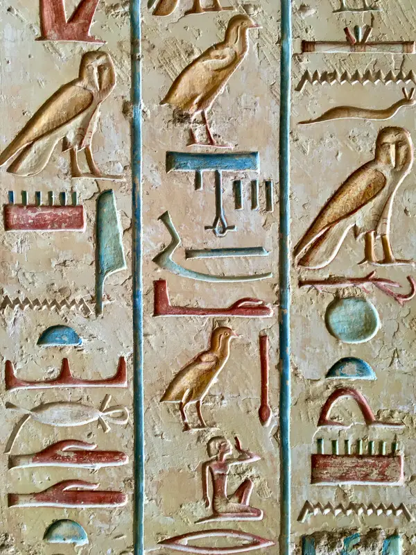 "Ancient Egyptian hieroglyphs carved into stone, showing pictorial symbols once used for sacred and monumental writing."