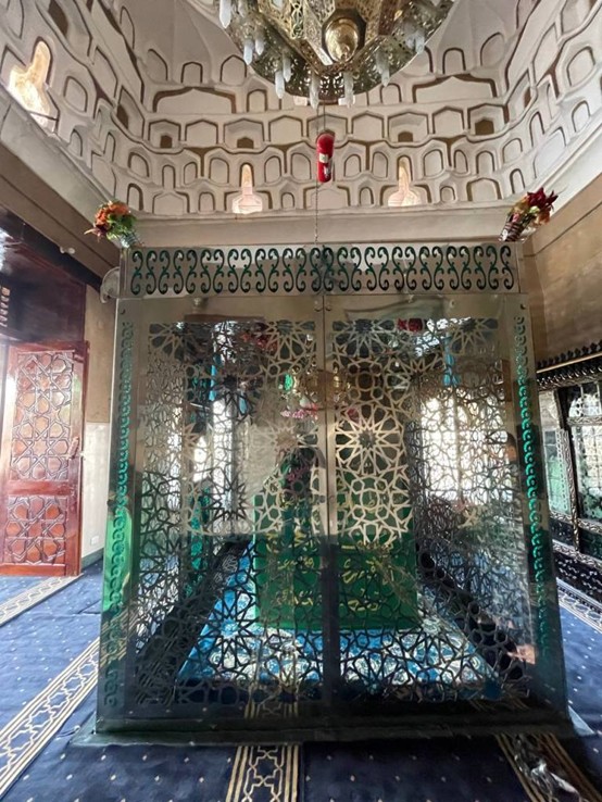 "Interior of the Abu Haggag Mosque in Luxor, Egypt, built atop the ancient Luxor Temple and blending Islamic and Pharaonic architecture."