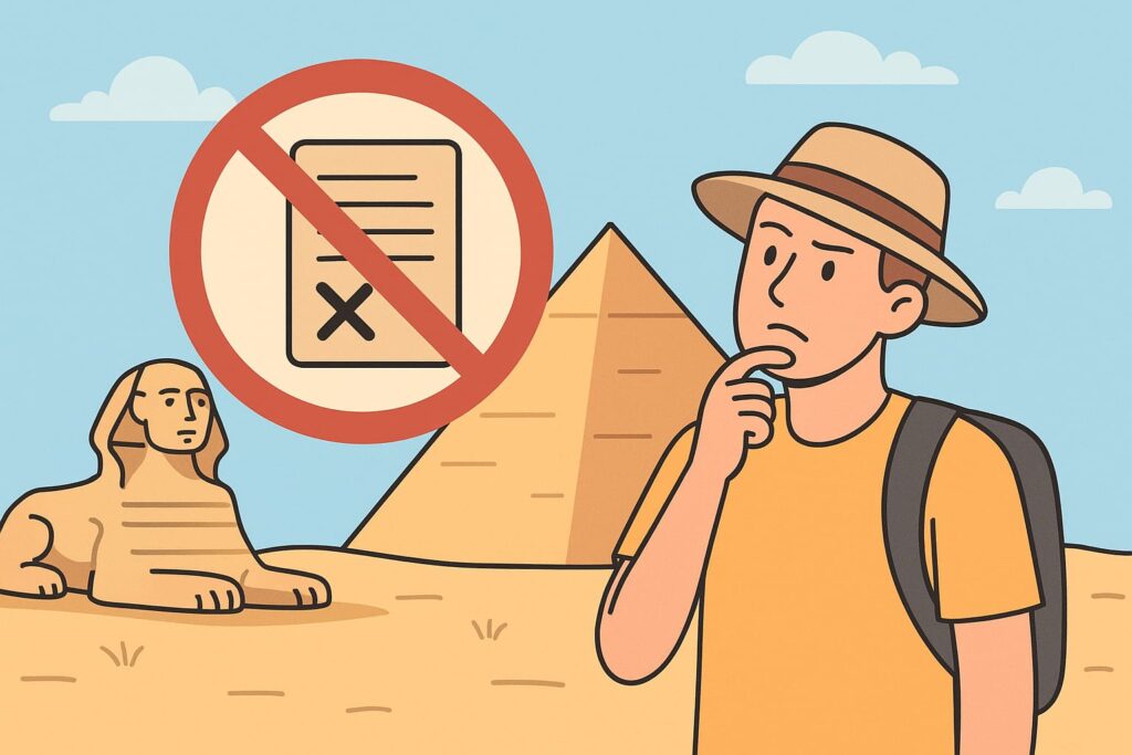 "A tourist in Egypt making common travel mistakes, such as overpaying in markets, ignoring dress codes, and forgetting sunscreen."